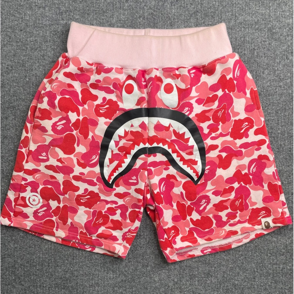 A Bathing Ape Shorts Mens M Pink Camo Shark Face WGM Tiger Sweat Shorts